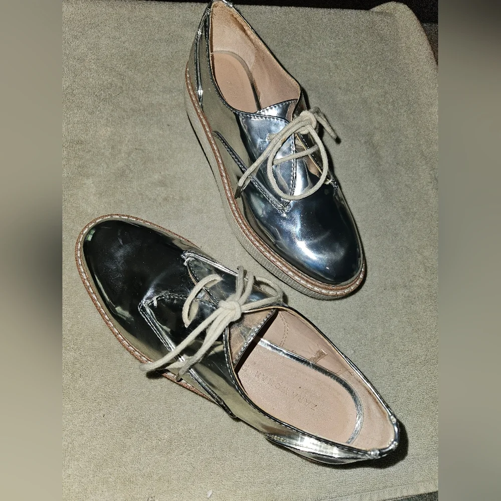 Zara Silver Metallic Platform Lace-Up Shoes with Cream Laces